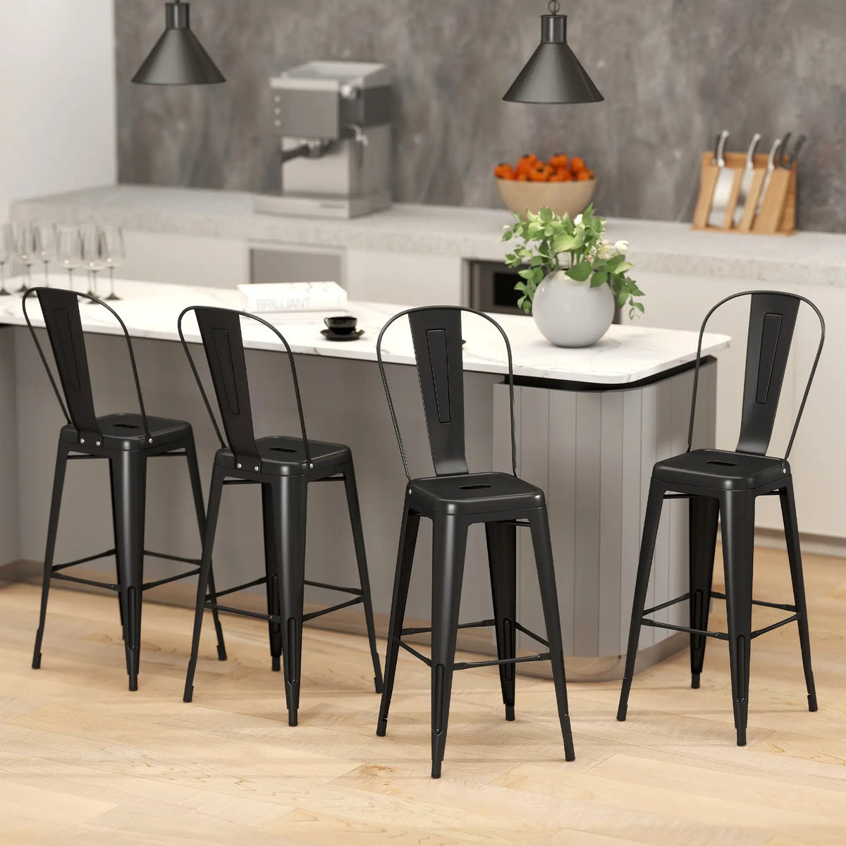 24 Inch Bar Stools, Set of 4, Industrial Kitchen, Black Metal Frame, Black Bar Stools at Gallery Canada