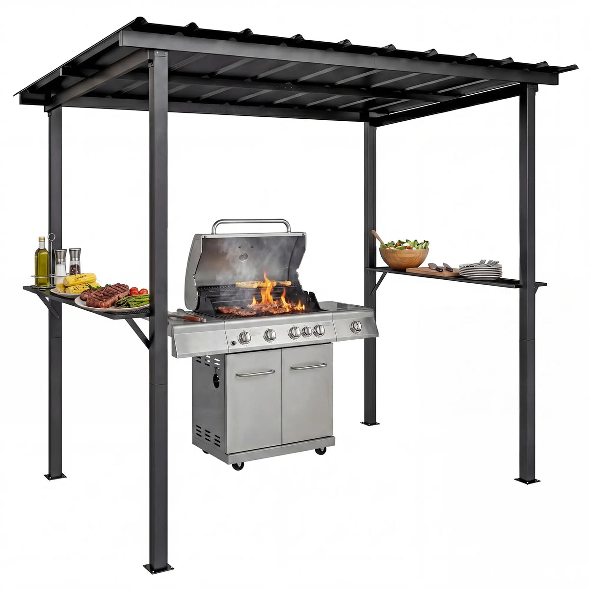 9' x 6' Hardtop Grill Gazebo, With 2 Side Shelves, Black BBQ Grill Gazebos at Gallery Canada