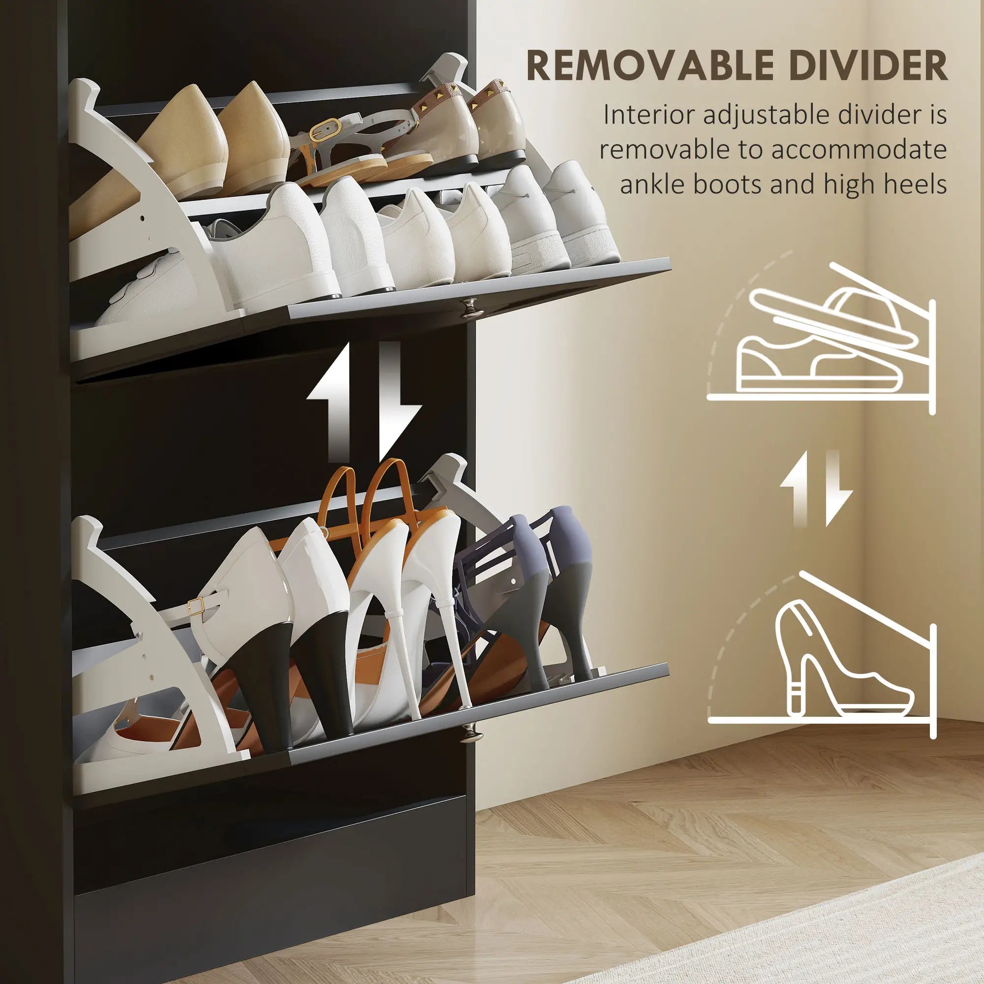 Modern Shoe Storage, 3 Flip Drawers, Adjustable Shelves, 18 Pairs, Black Shoe Storage Cabinets & Racks at Gallery Canada