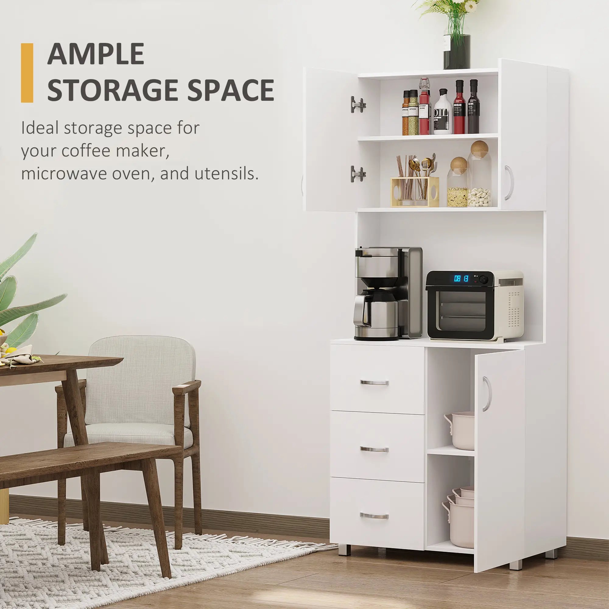 Freestanding Kitchen Buffet, Hutch Storage, 2 Door Cabinets, 3 Drawers, White Kitchen Pantry Cabinets at Gallery Canada