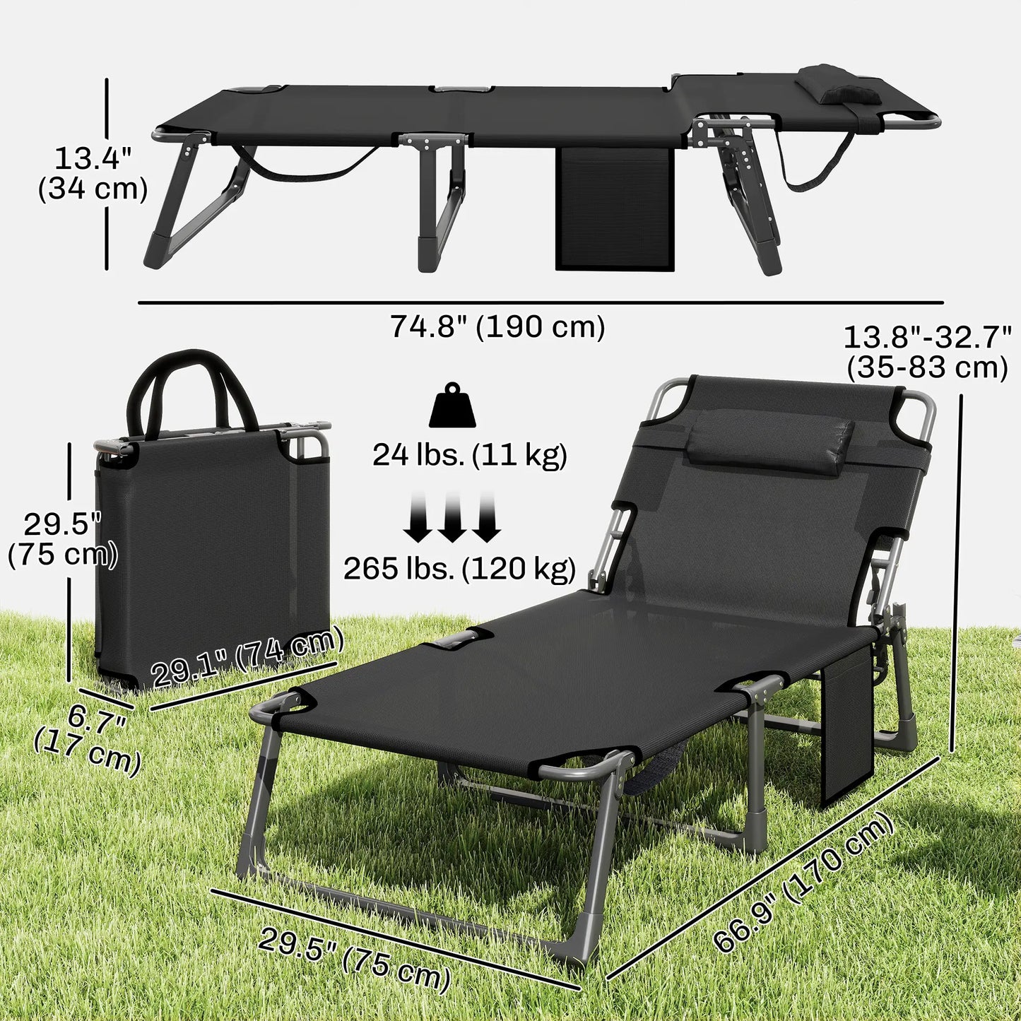 75 cm Wide Folding Chaise Lounge Chair, Set of 2, Dark Grey Lounger Chairs at Gallery Canada