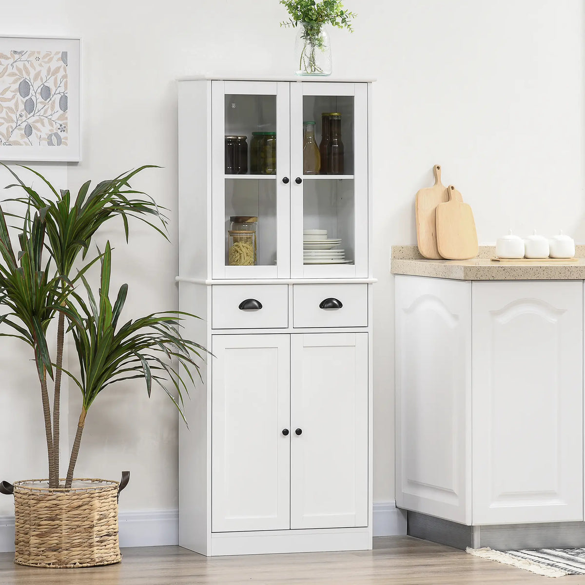 61" Kitchen Pantry Cabinet, Freestanding Farmhouse Style, White Kitchen Pantry Cabinets at Gallery Canada