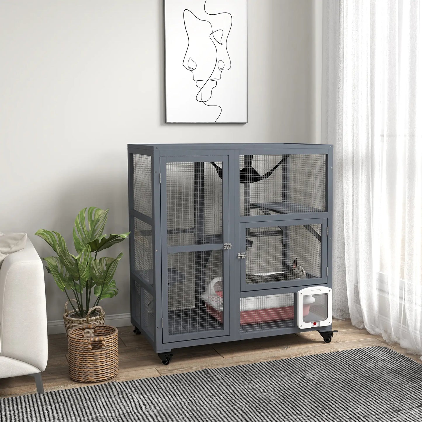 Wooden Cat Condo on Wheels, Cat Flap Door, Hammock, Light Grey Outdoor Cat Enclosures at Gallery Canada