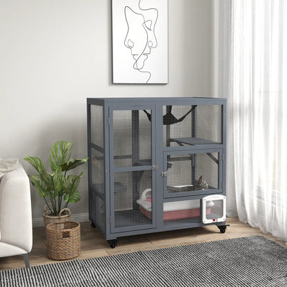 Wooden Cat Condo on Wheels, Cat Flap Door, Hammock, Light Grey Outdoor Cat Enclosures at Gallery Canada