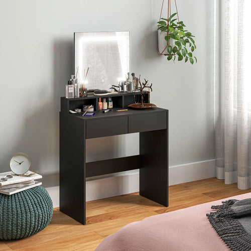 Makeup Vanity Desk with Mirror, LED Lights, Drawers, Black