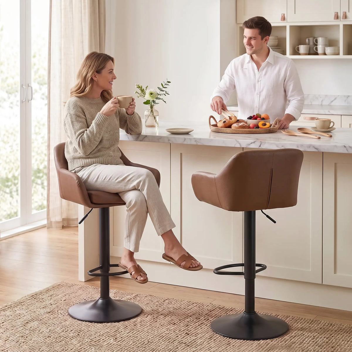 PU Leather Adjustable Swivel Bar Stools Set of 2, Brown Bar Stools at Gallery Canada