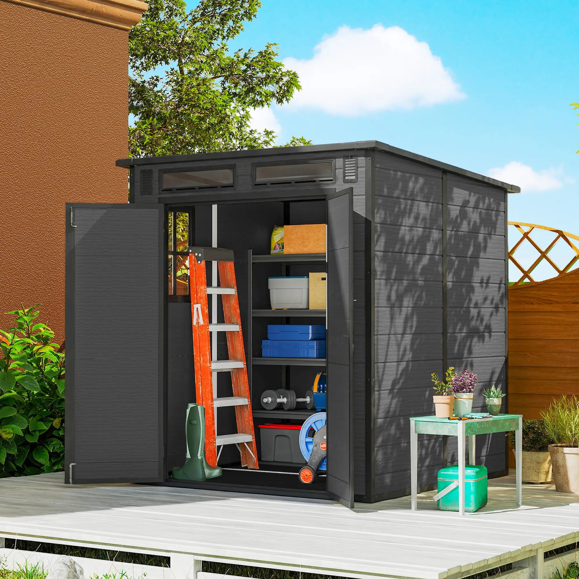 6' x 6' Outdoor Storage Shed, Plastic Garden Shed, Dark Grey, Dark Grey Sheds at Gallery Canada
