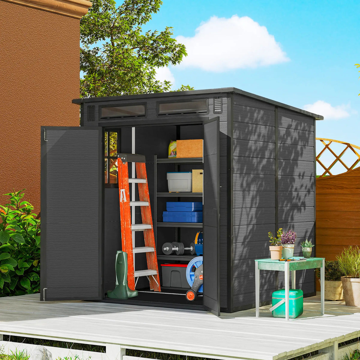 6' x 6' Outdoor Storage Shed, Plastic Garden Shed, Dark Grey, Dark Grey Sheds at Gallery Canada