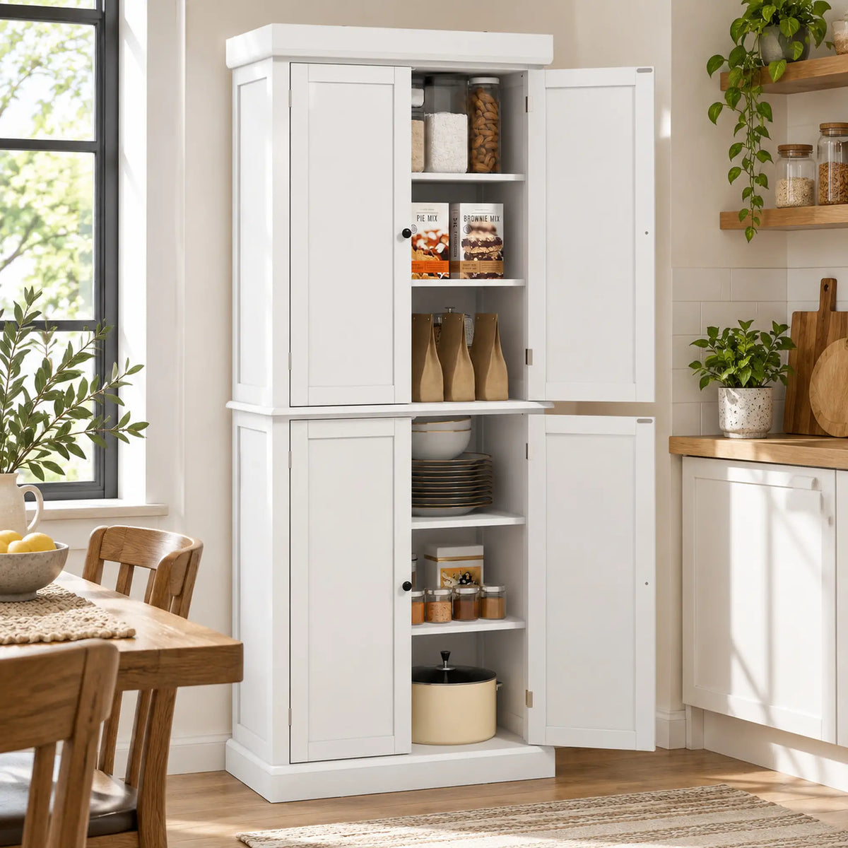 72.5" Freestanding Kitchen Pantry, 4 Doors, White Kitchen Pantry Cabinets at Gallery Canada