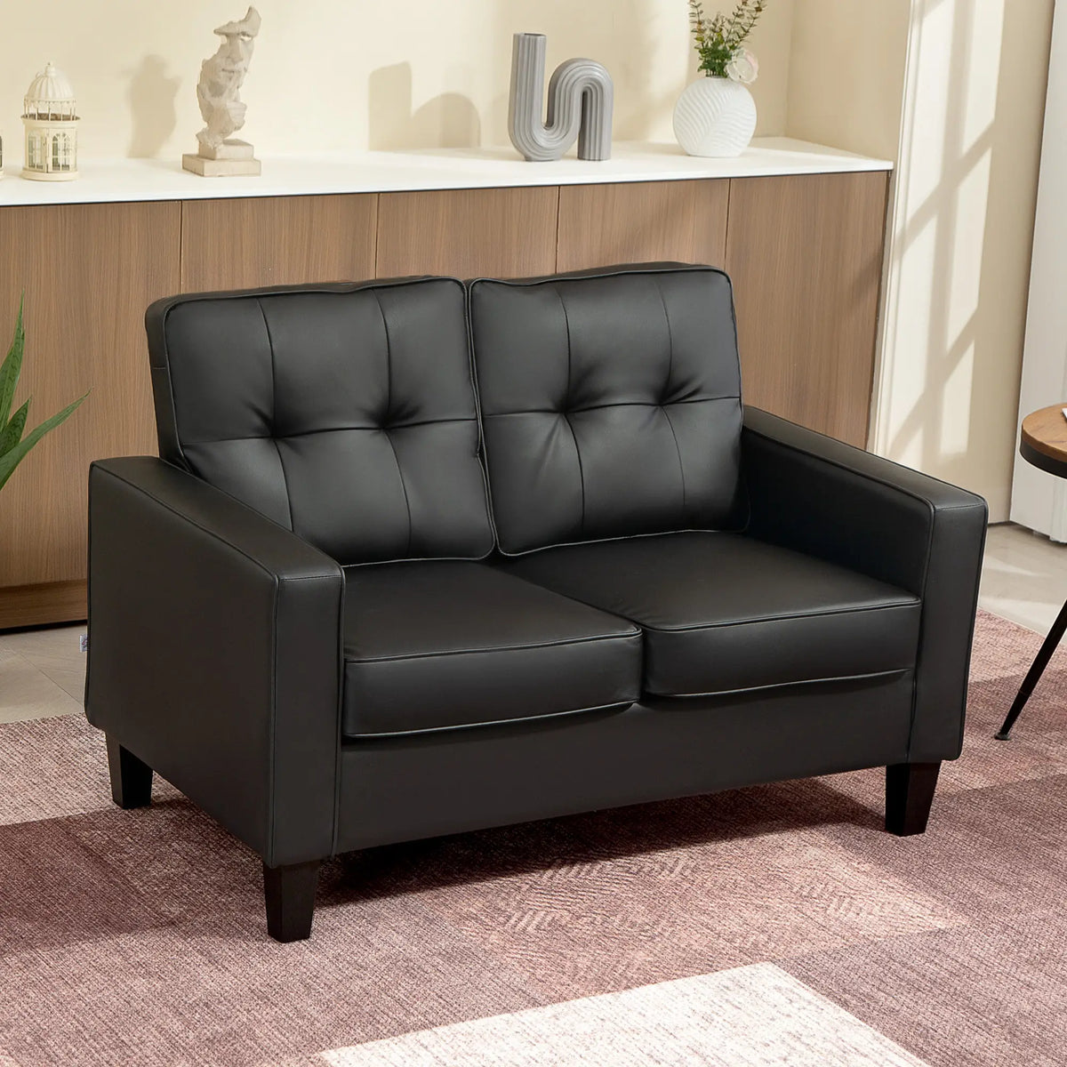 51" Double Sofa Couch, Upholstered PU Leather, Tufted Backrest, Black 2-Seater Sofas at Gallery Canada