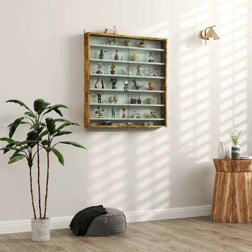 7-Tier Glass Curio Cabinet, 2 Glass Doors, 6 Adjustable Shelves, Rustic Brown