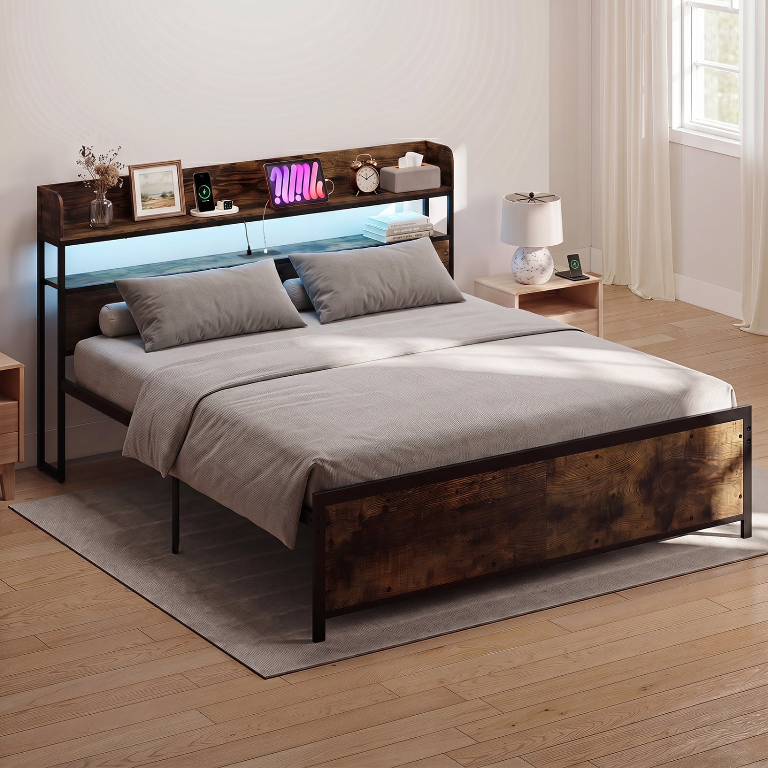 Bed Frame with Power Outlets, King Size, LED Beds & Bed Frames at Gallery Canada