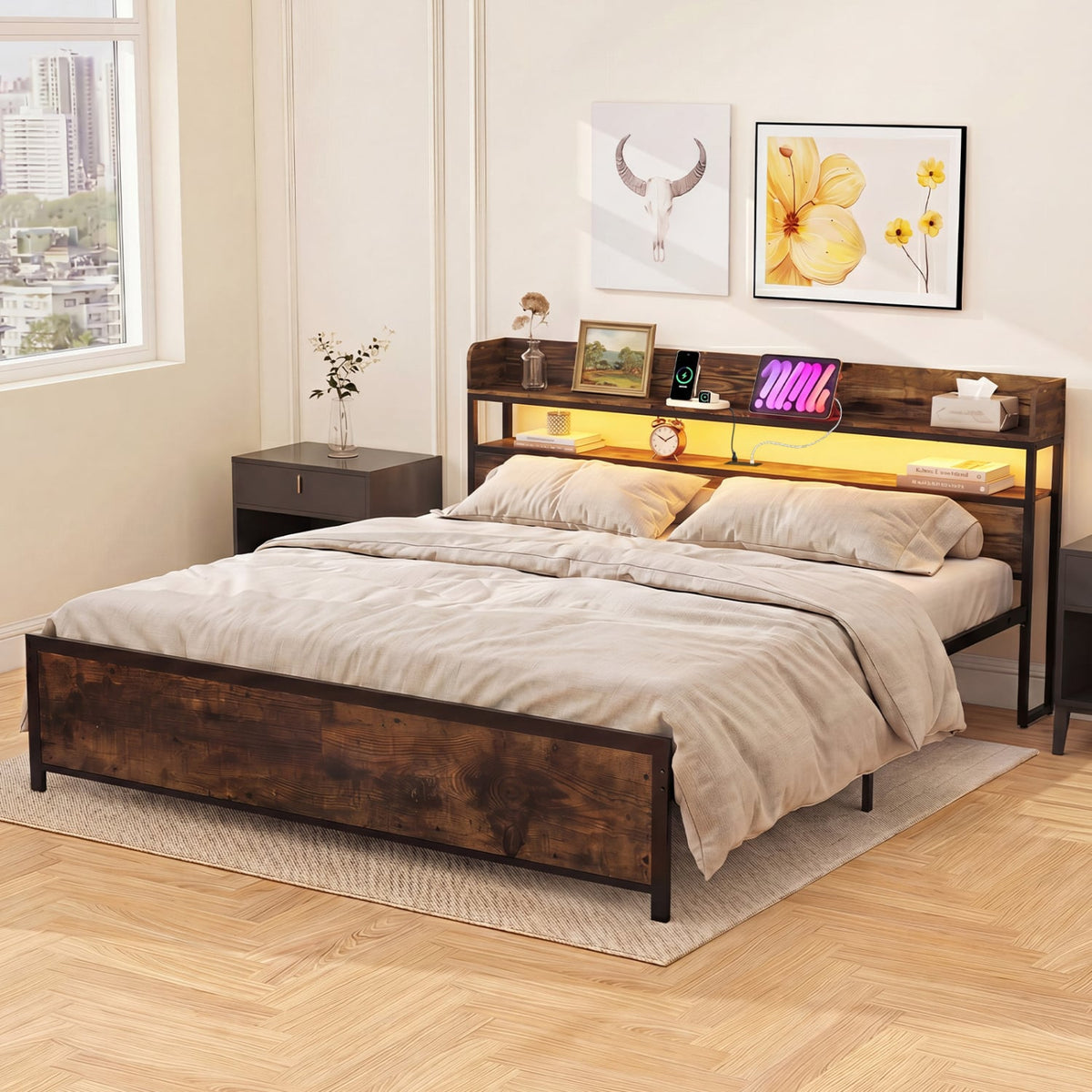 Bed Frame with Power Outlets, King Size, LED Beds & Bed Frames at Gallery Canada