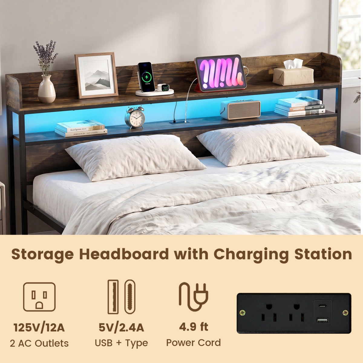 Bed Frame with Power Outlets, King Size, LED Beds & Bed Frames at Gallery Canada