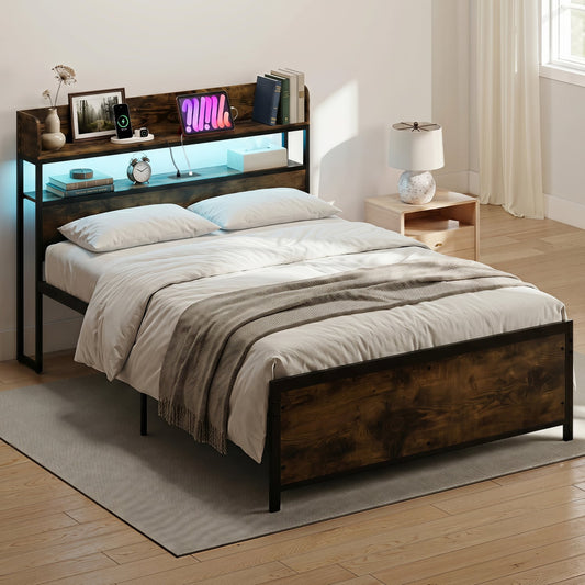Bed Frame With Power Outlets And Storage Headboard, Queen, LED Beds & Bed Frames Rustic Brown at Gallery Canada
