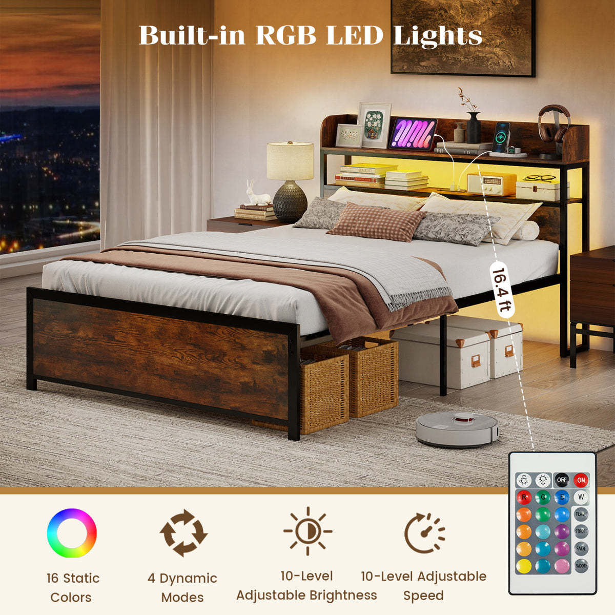 Bed Frame With Power Outlets And Storage Headboard, Queen, LED Beds & Bed Frames at Gallery Canada