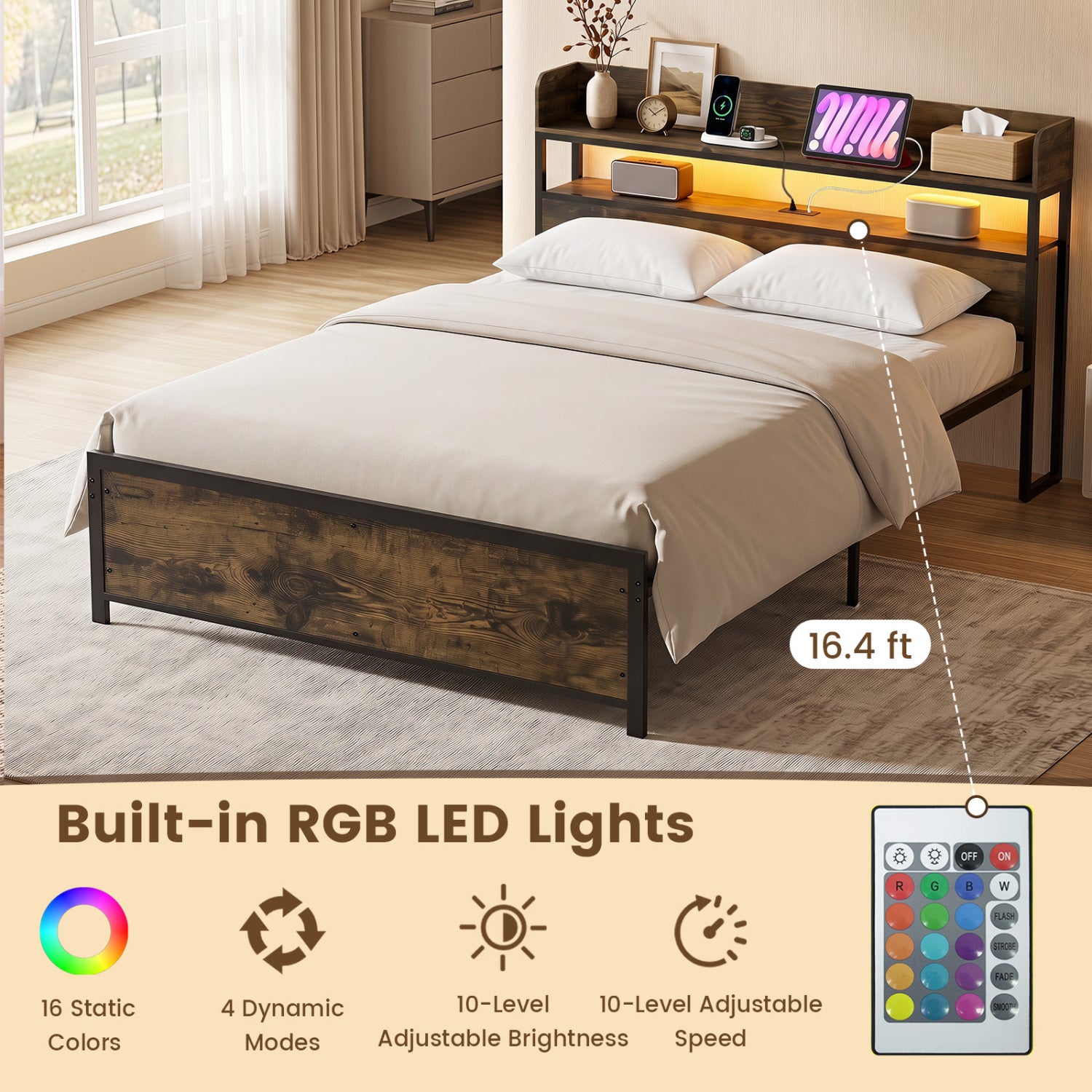 Bed Frame With Power Outlets And Storage Headboard, Queen, LED Beds & Bed Frames at Gallery Canada