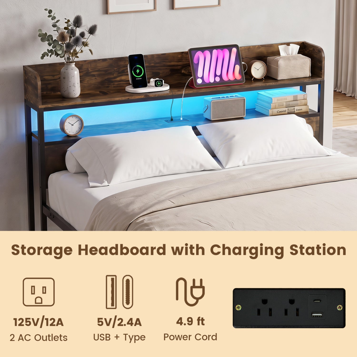 Bed Frame With Power Outlets And Storage Headboard, Queen, LED Beds & Bed Frames at Gallery Canada