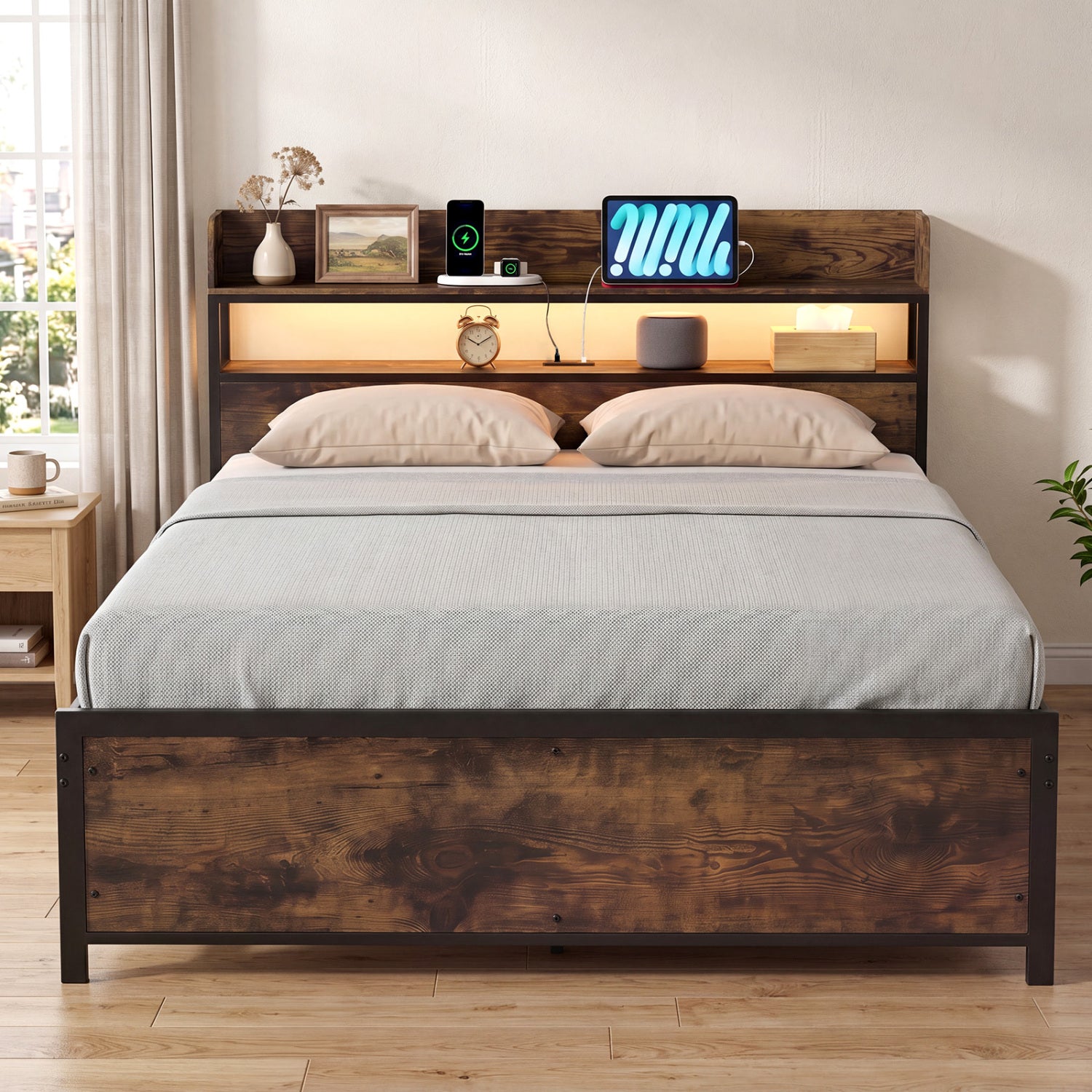 Bed Frame With Power Outlets And Storage Headboard, Queen, LED Beds & Bed Frames at Gallery Canada