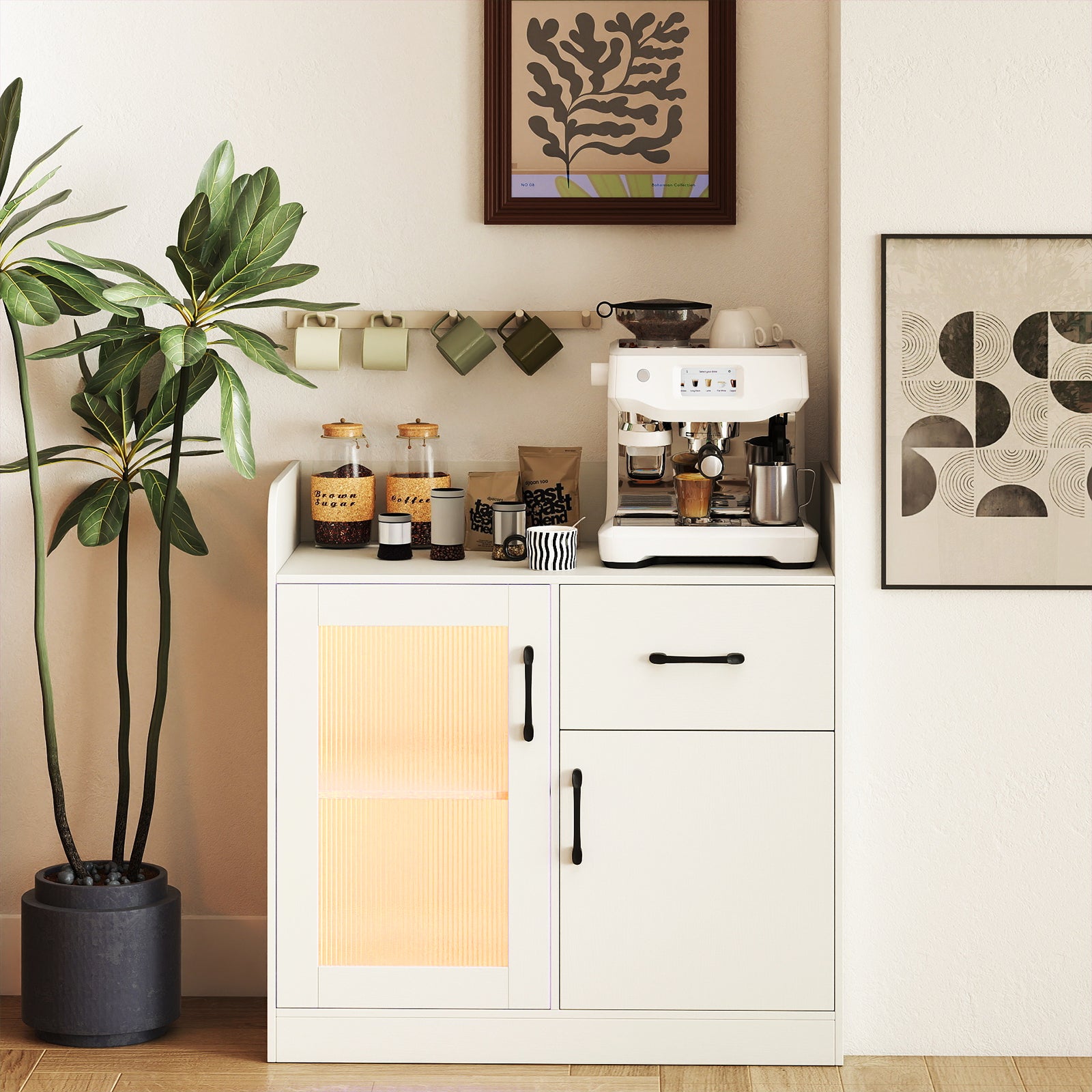 LED Buffet Sideboard with Charging Station with Drawer and Translucent Fluted Door, White Sideboards Cabinets & Buffets at Gallery Canada