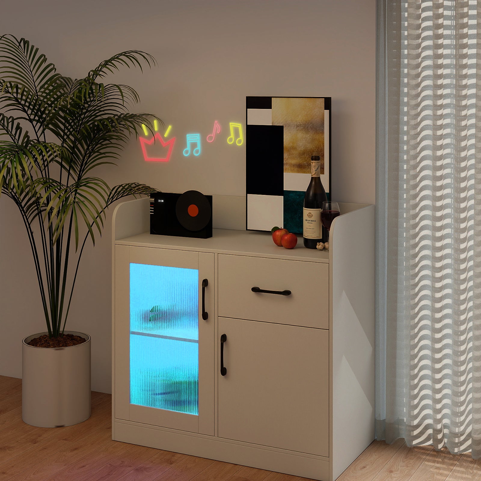 LED Buffet Sideboard with Charging Station with Drawer and Translucent Fluted Door, White Sideboards Cabinets & Buffets at Gallery Canada
