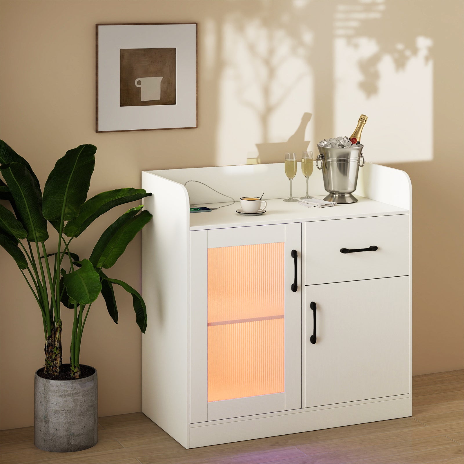 LED Buffet Sideboard with Charging Station with Drawer and Translucent Fluted Door, White Sideboards Cabinets & Buffets at Gallery Canada