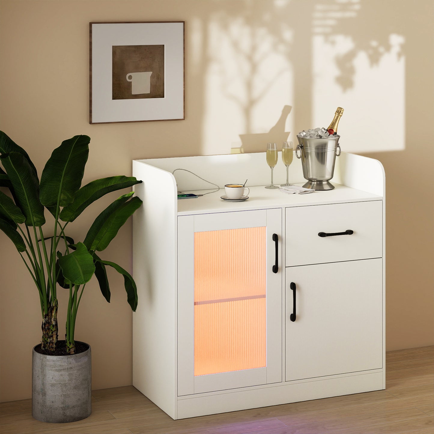 LED Buffet Sideboard with Charging Station with Drawer and Translucent Fluted Door, White Sideboards Cabinets & Buffets at Gallery Canada