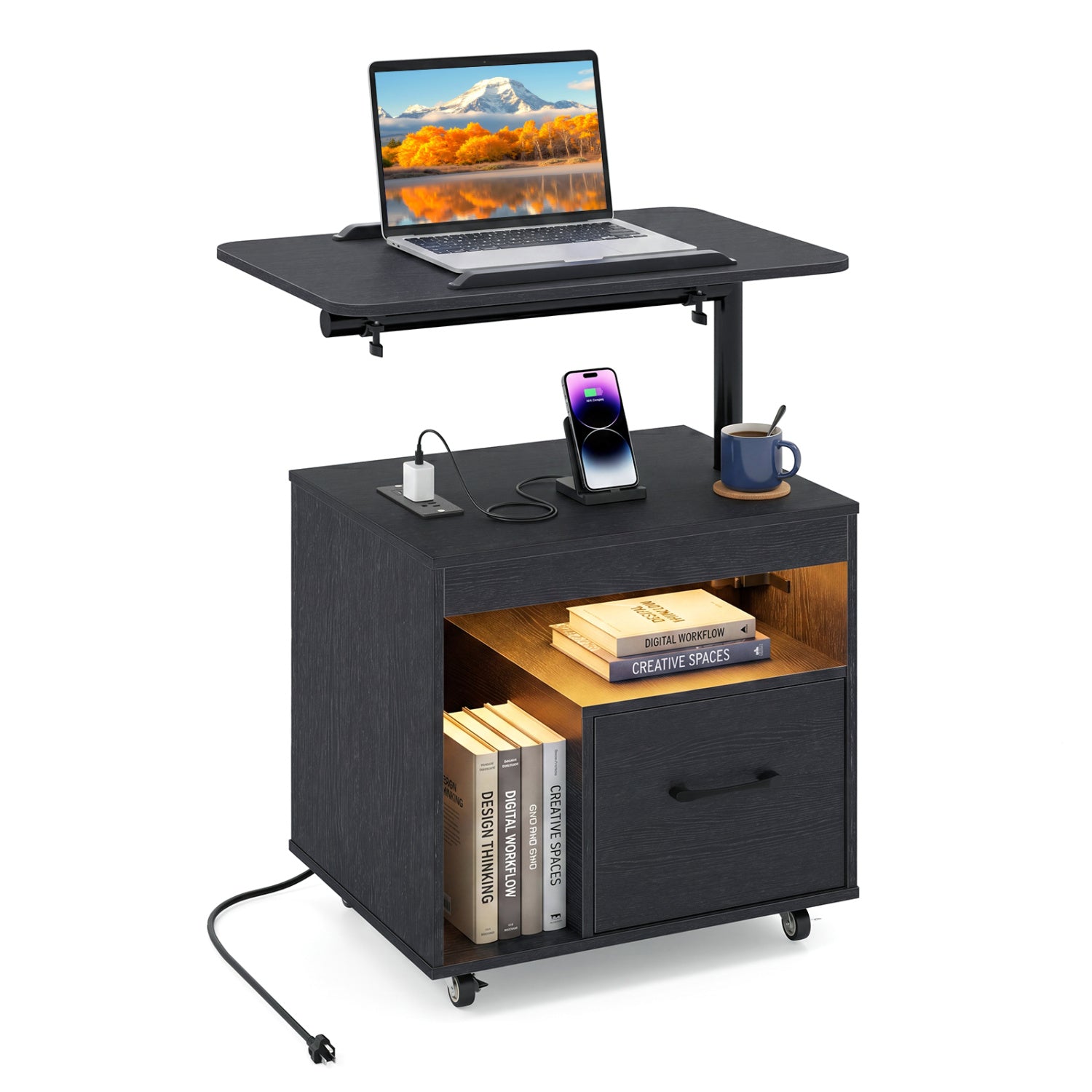 LED Nightstand with Power Outlets, Black Nightstands Black at Gallery Canada
