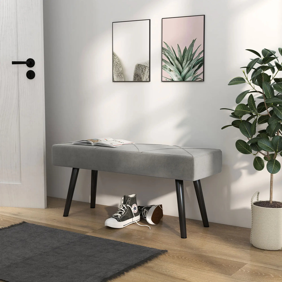 39 Inches Upholstered Bed Bench, Modern Steel Legs, Grey Storage Ottomans & Benches at Gallery Canada