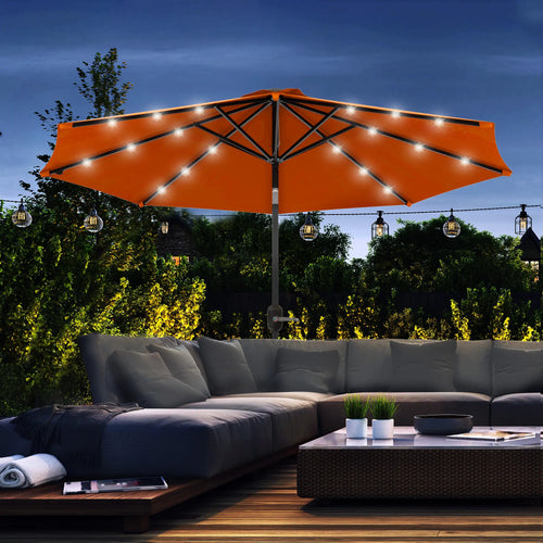 9ft Solar Patio Umbrella, 24 LED Lights, Tilt Canopy, Orange