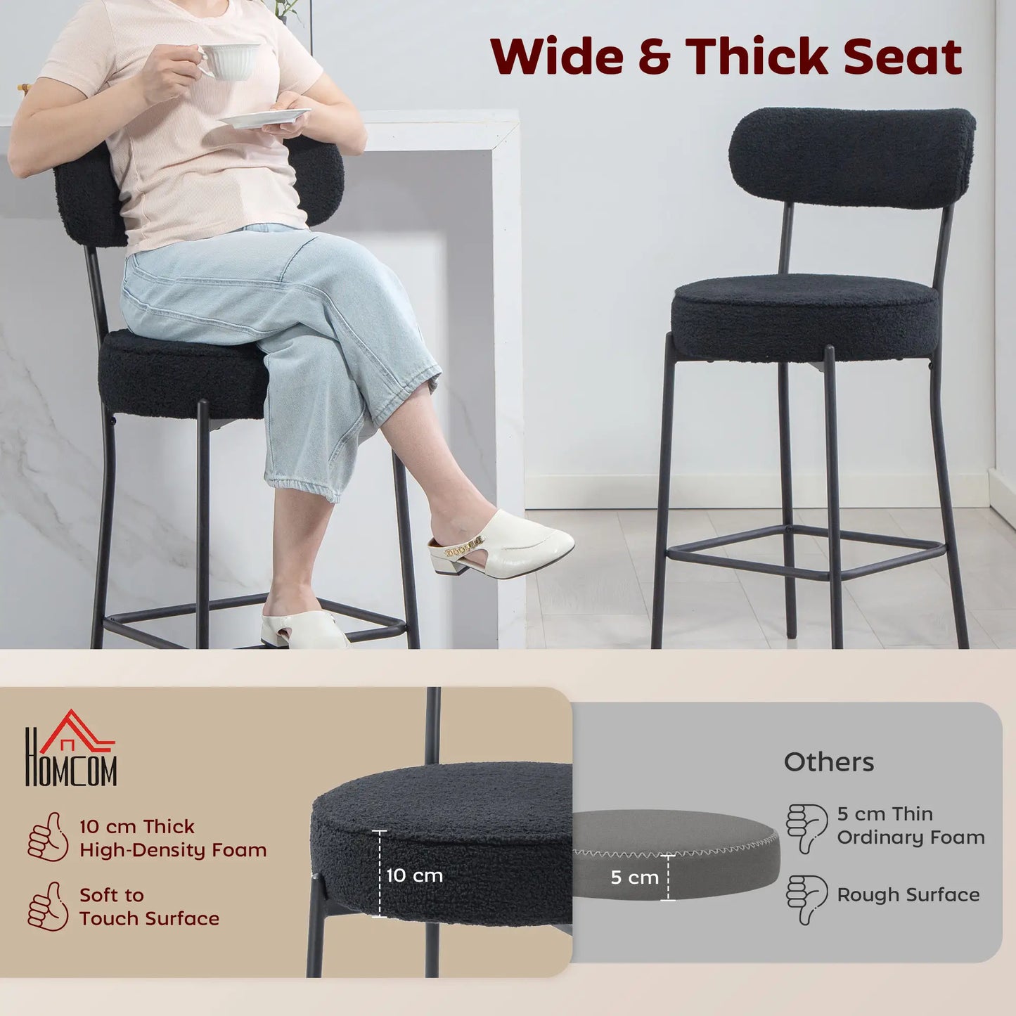 Set of 2 Upholstered Bar Stools with Backrest, Footrest, Black Bar Stools at Gallery Canada
