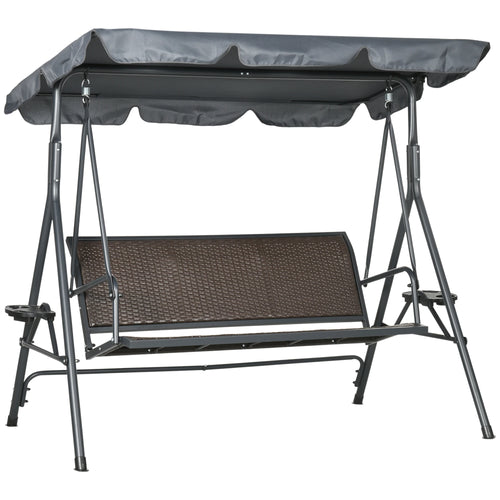3-Seat Patio Swing Chair, Outdoor Canopy Glider, Rattan Seat, Steel Frame, Dark Grey