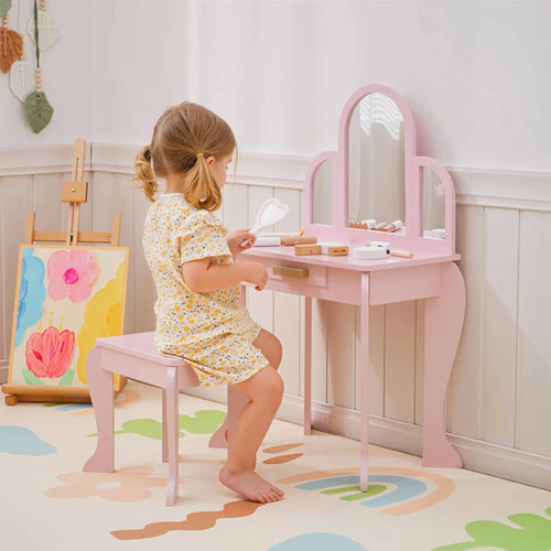 Kids Dressing Table and Chair Set, Makeup Desk with Drawer, 3-6 Years, Pink