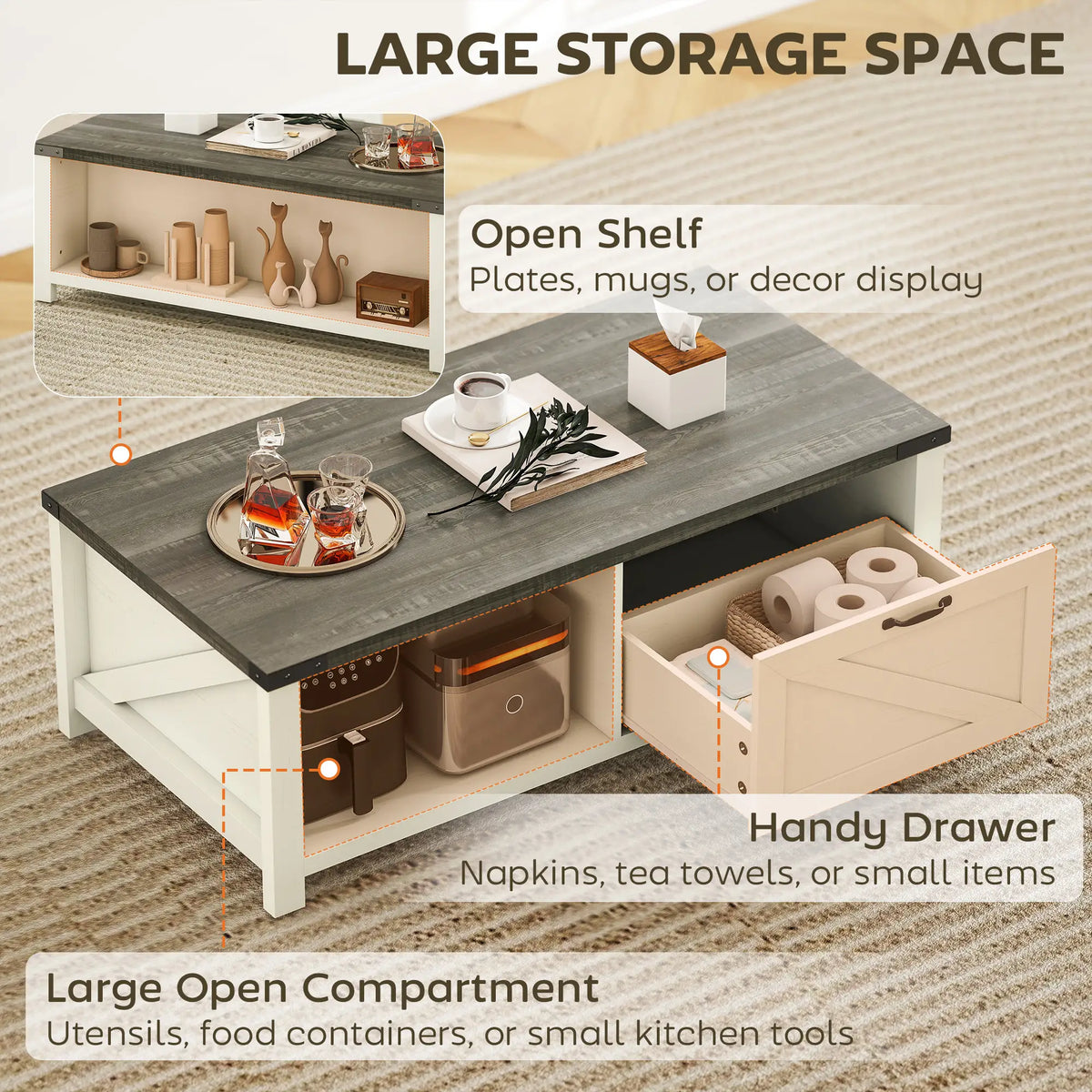 Farmhouse Coffee Table with Drawer, Open Shelf, Distressed White Coffee Tables at Gallery Canada