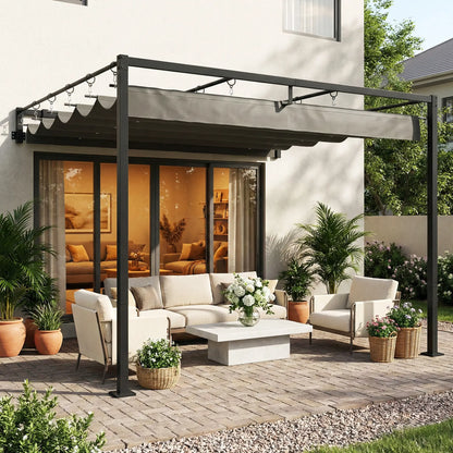 10' x 10' Retractable Pergola Canopy, Wall Mounted, Dark Grey Pergolas at Gallery Canada
