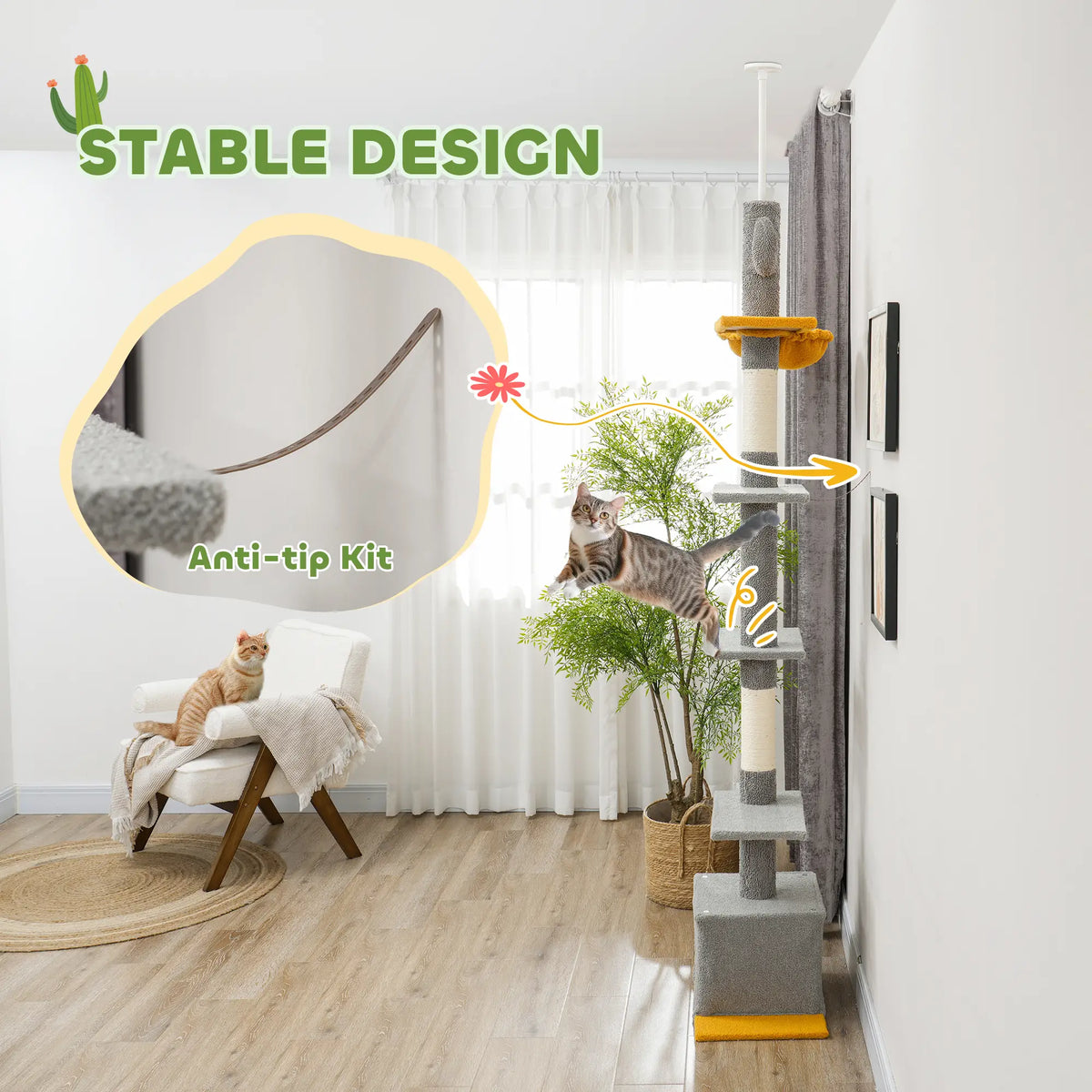 Adjustable Cat Tree Tower, 90.5"-108", Scratching Posts, Hammock, Light Grey Floor to Ceiling Cat Trees at Gallery Canada