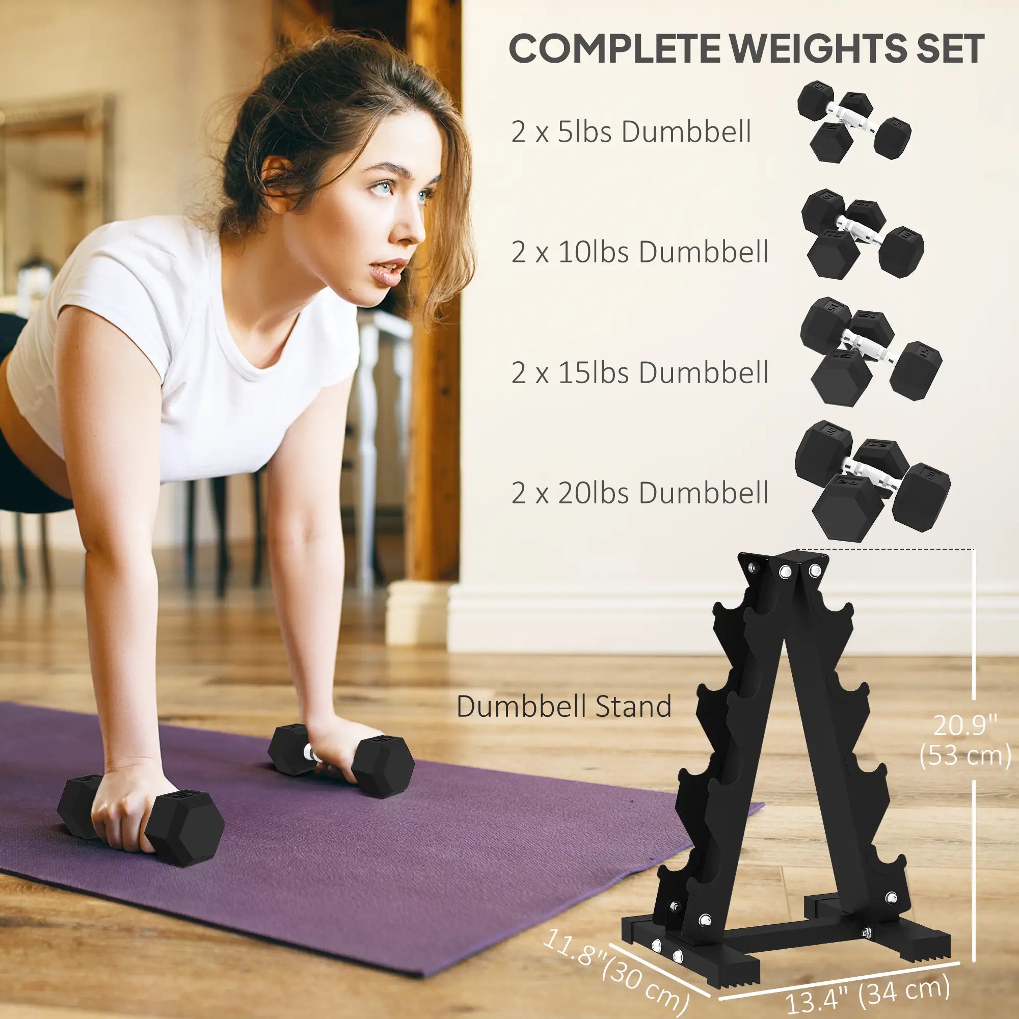 100 LBS Hex Dumbbell Set with Rack, Non-Slip Handles, Rubber Coated Dumbbells & Barbells at Gallery Canada