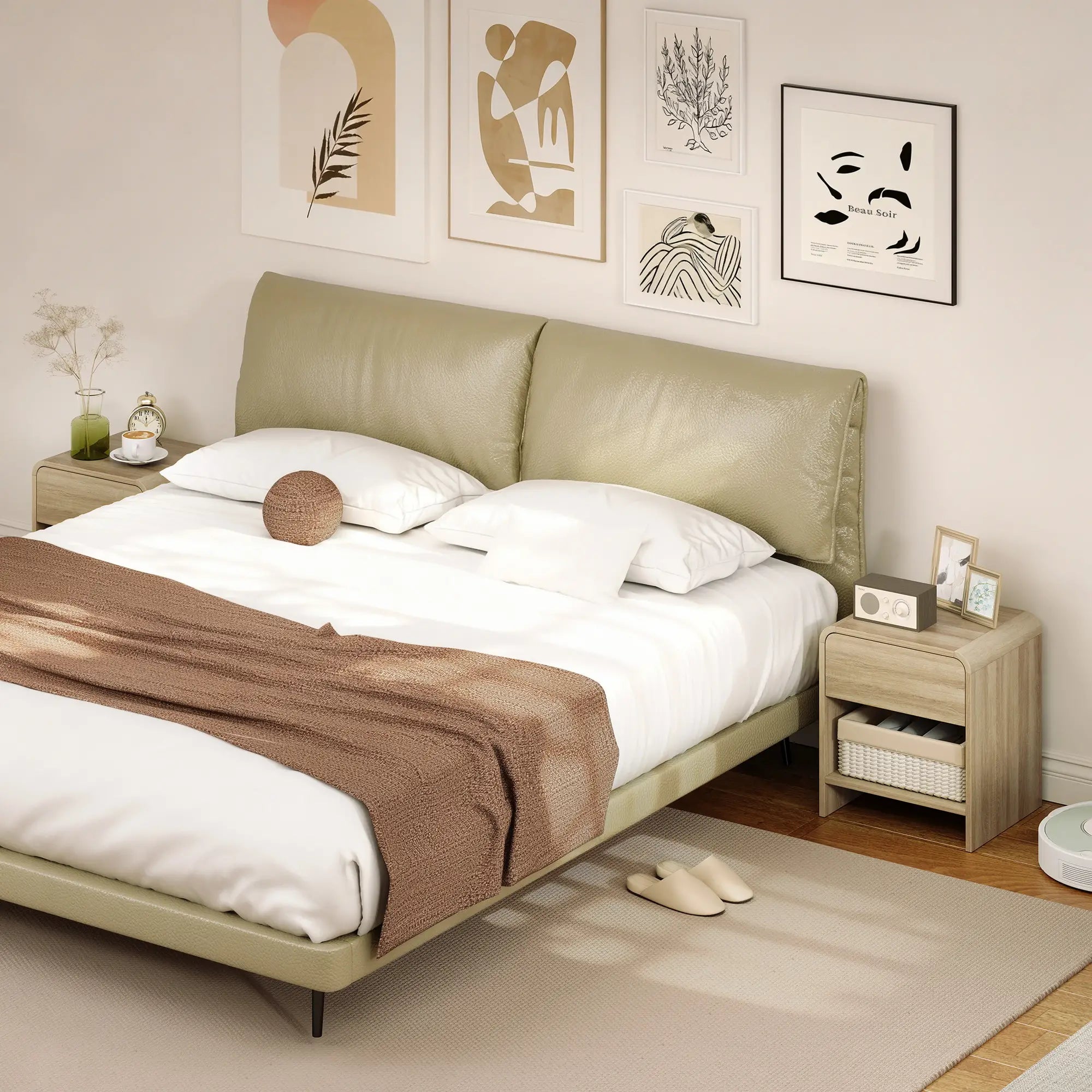 Modern Nightstand Set Of 2, Natural Wood, With Drawer And Open Shelf Bedside Tables at Gallery Canada
