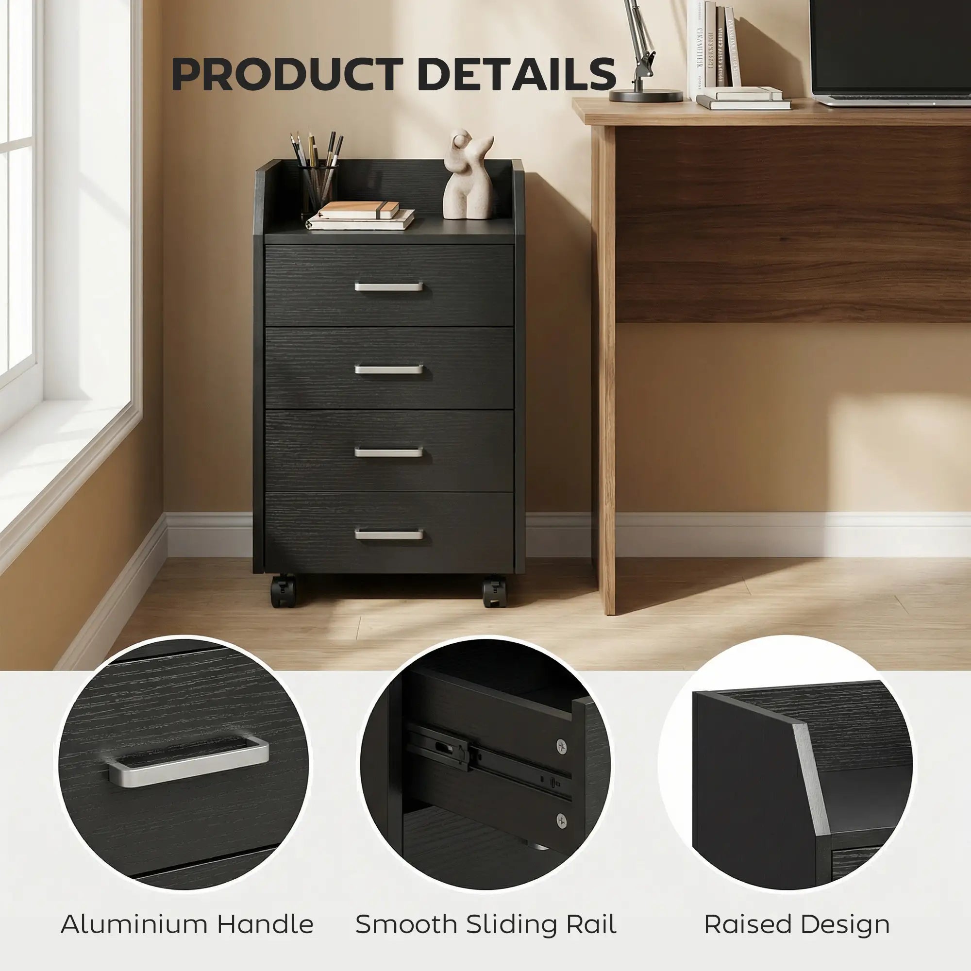 4-Drawer Vertical Mobile Filing Cabinet, Lockable Wheels, Black Wood Grain Office Cabinets & Cupboards at Gallery Canada