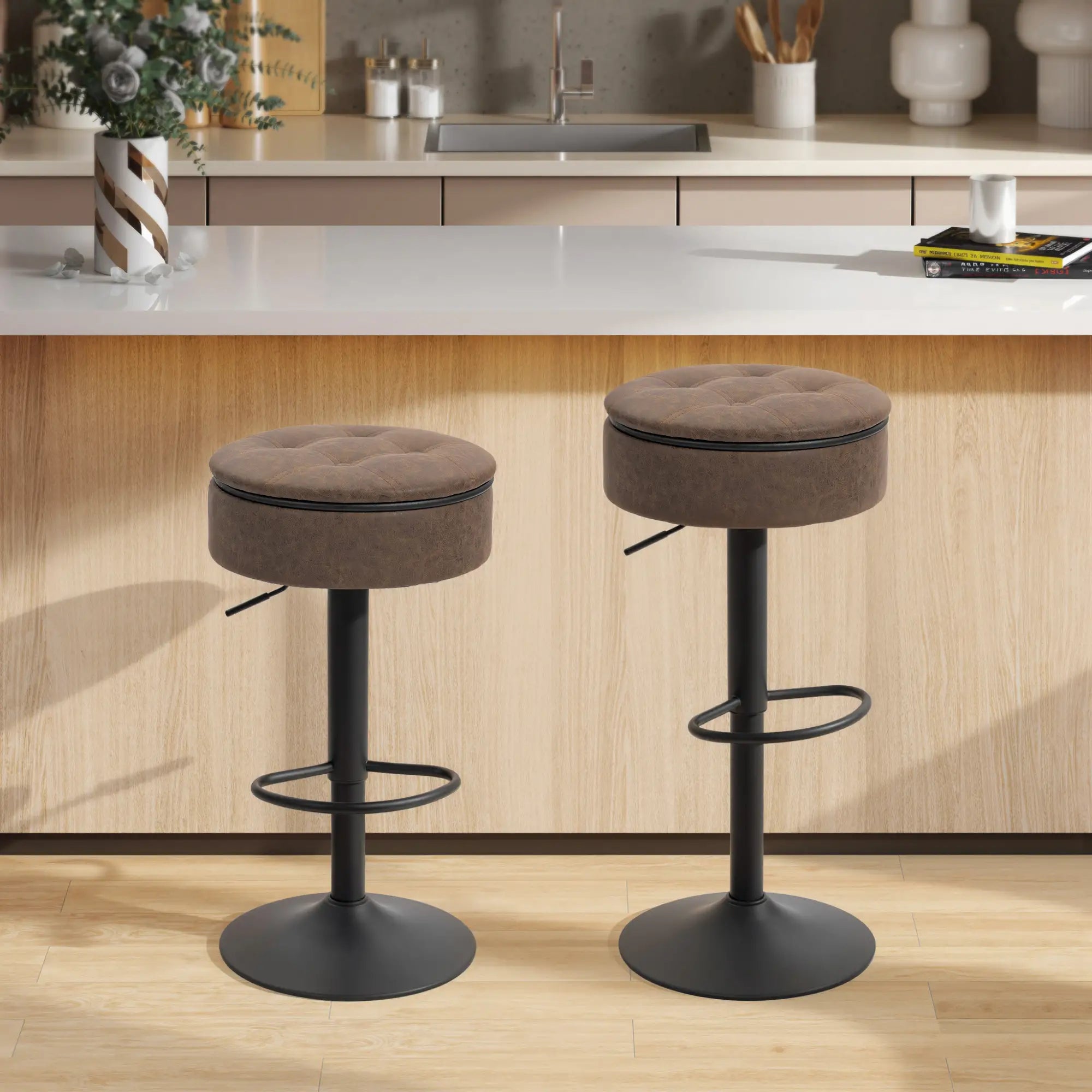 Set of 2 Barstools with Storage, Swivel, PU Leather, Footrest, Steel Base, Brown Bar Stools at Gallery Canada