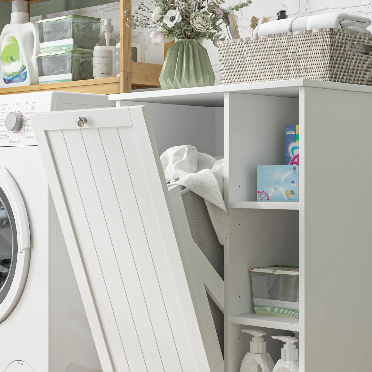 Laundry Cabinet with Removable Basket, Adjustable Shelf, White Bathroom Cabinets at Gallery Canada