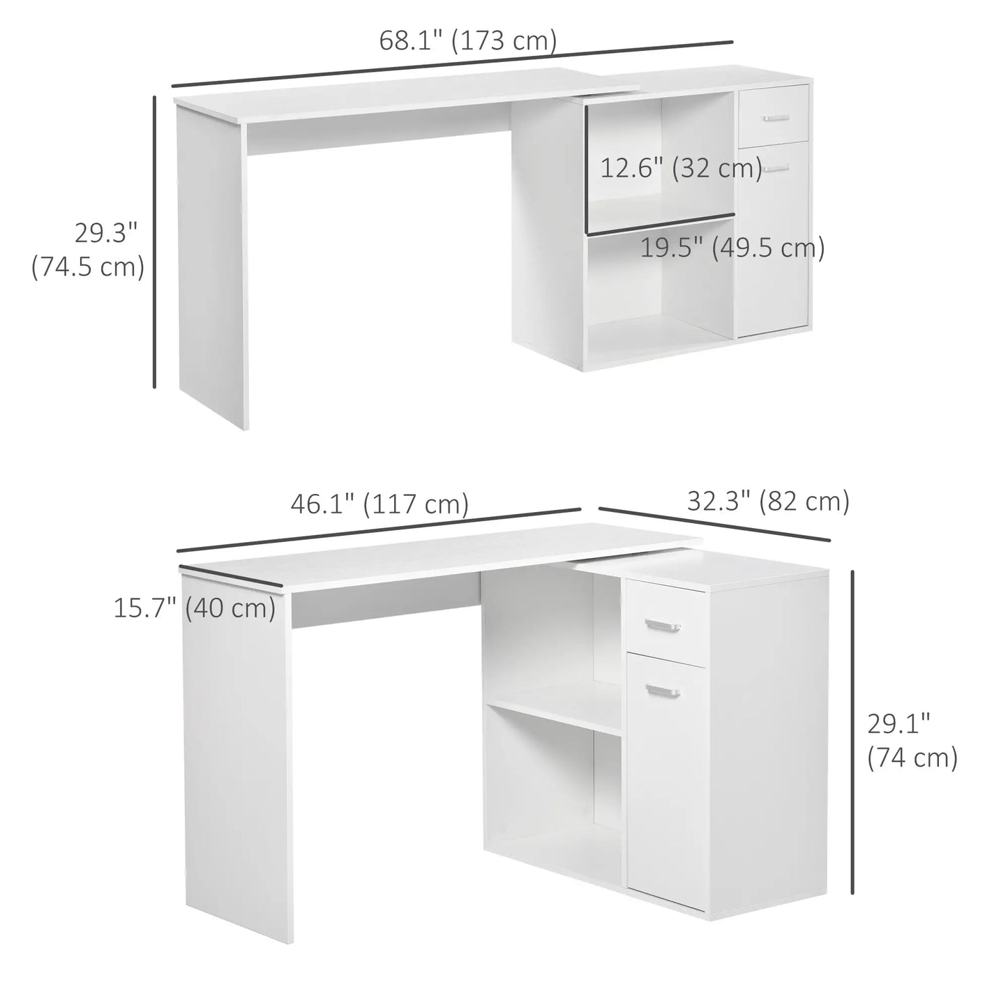 180° Rotating Corner Desk, Storage Shelf Cabinet, White Writing Desks at Gallery Canada