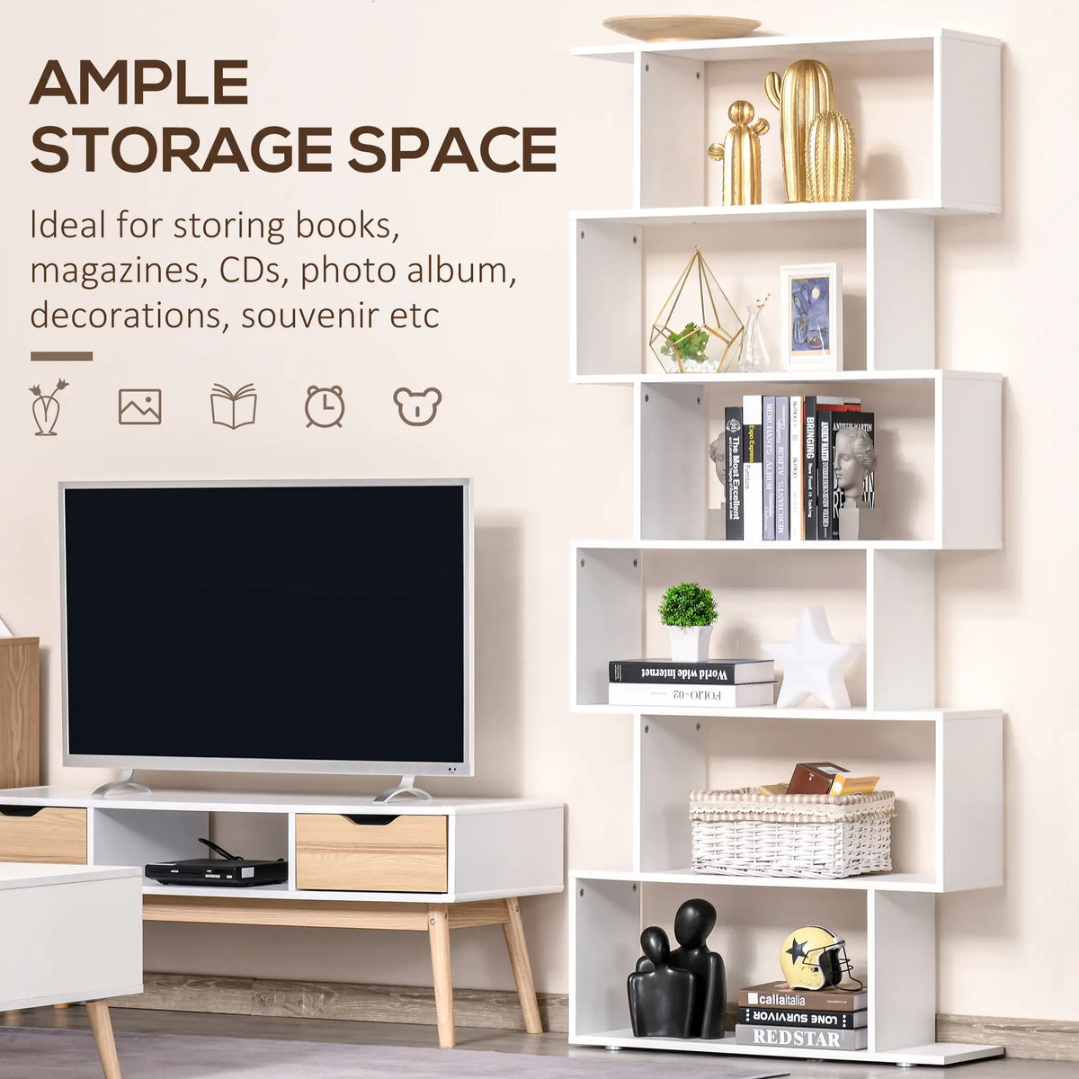 76" 6-Tier Geometric Wooden Bookcase, S Shaped Storage Shelf, White Display Bookshelves at Gallery Canada