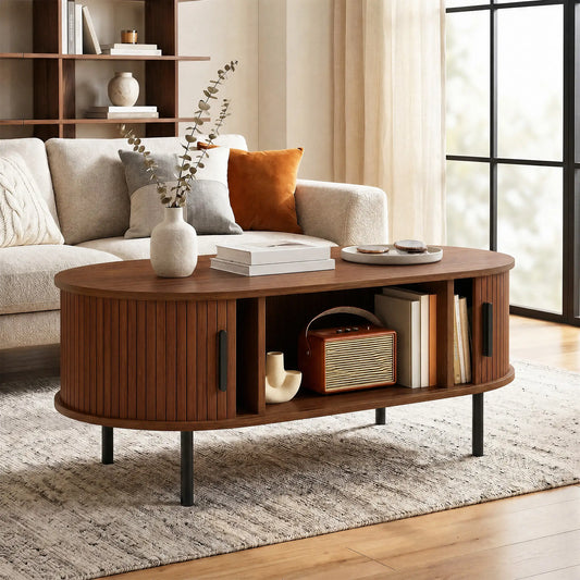 Coffee Table with Sliding Tambour Doors and Storage Center Table with Metal Legs, 39", Brown Coffee Tables Brown, Black at Gallery Canada