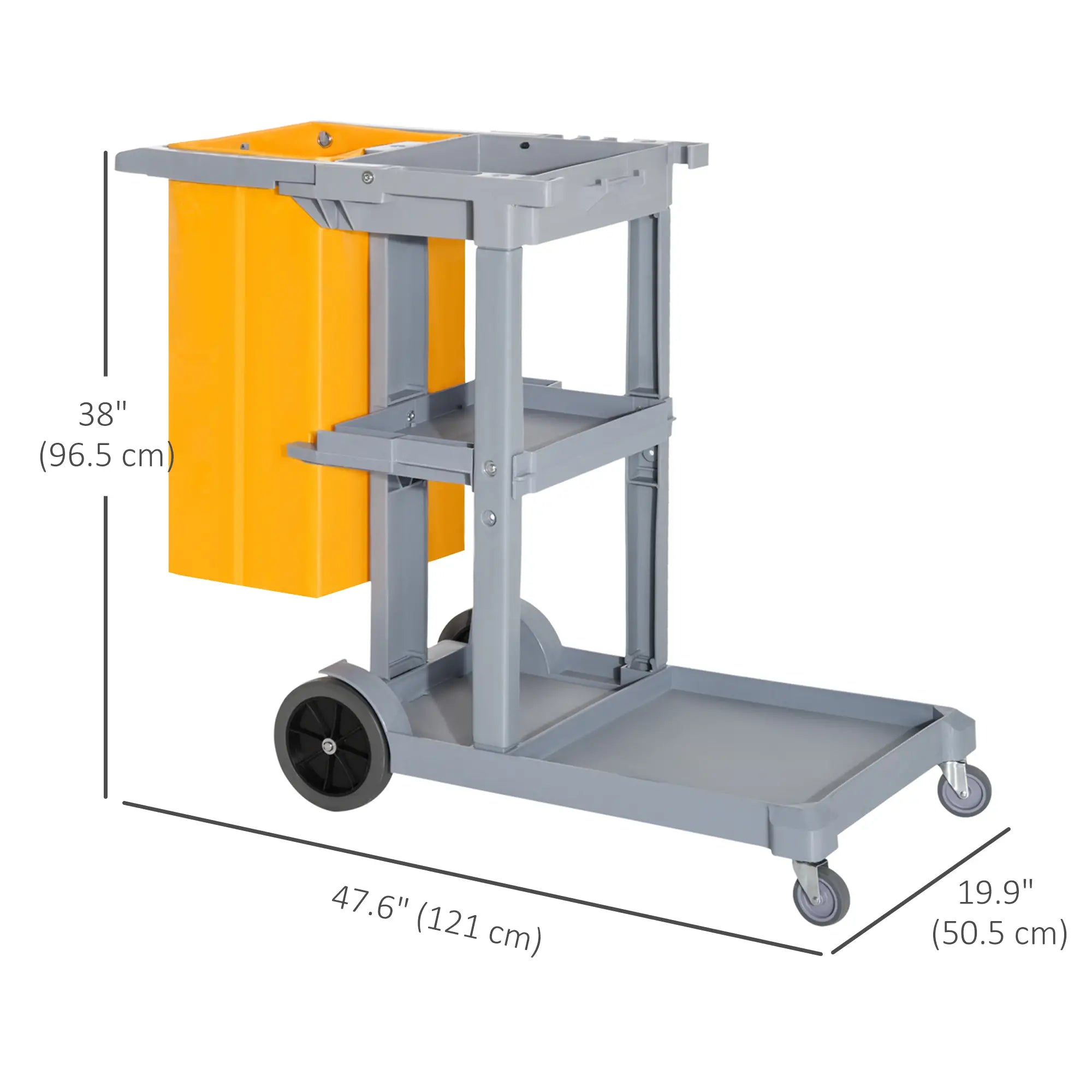 Janitorial Cart with 3 Shelves, Wheels, Rubbish Bag, Mop Holders, Grey Household Supplies at Gallery Canada