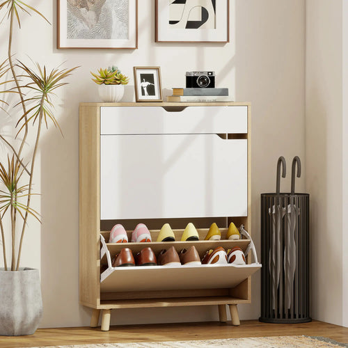 Narrow Shoe Cabinet, 2 Flip Drawers, Adjustable Shelves, White