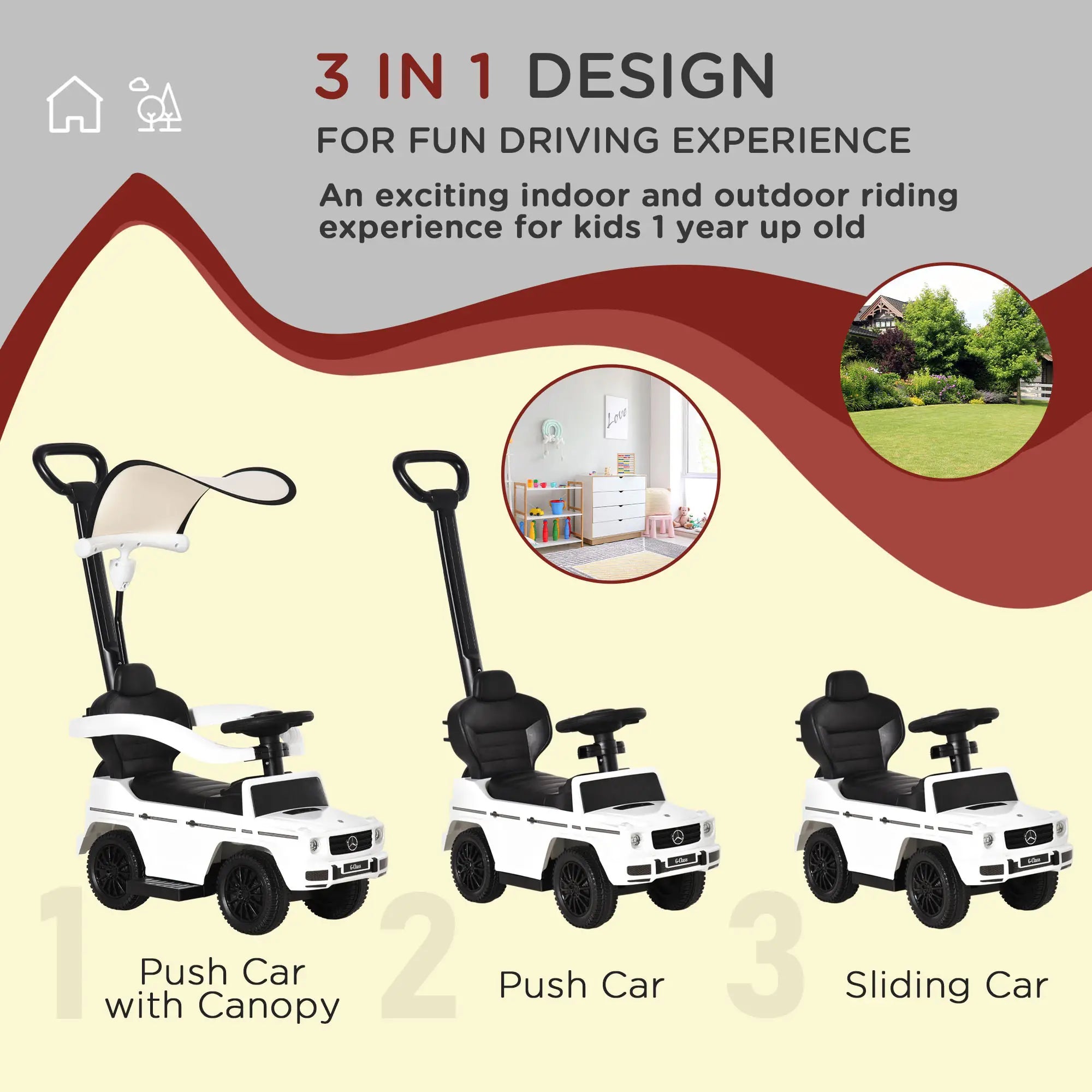 Licensed Push Car, 3-in-1 Toddler Sliding Car, White Push Cars for Toddlers at Gallery Canada