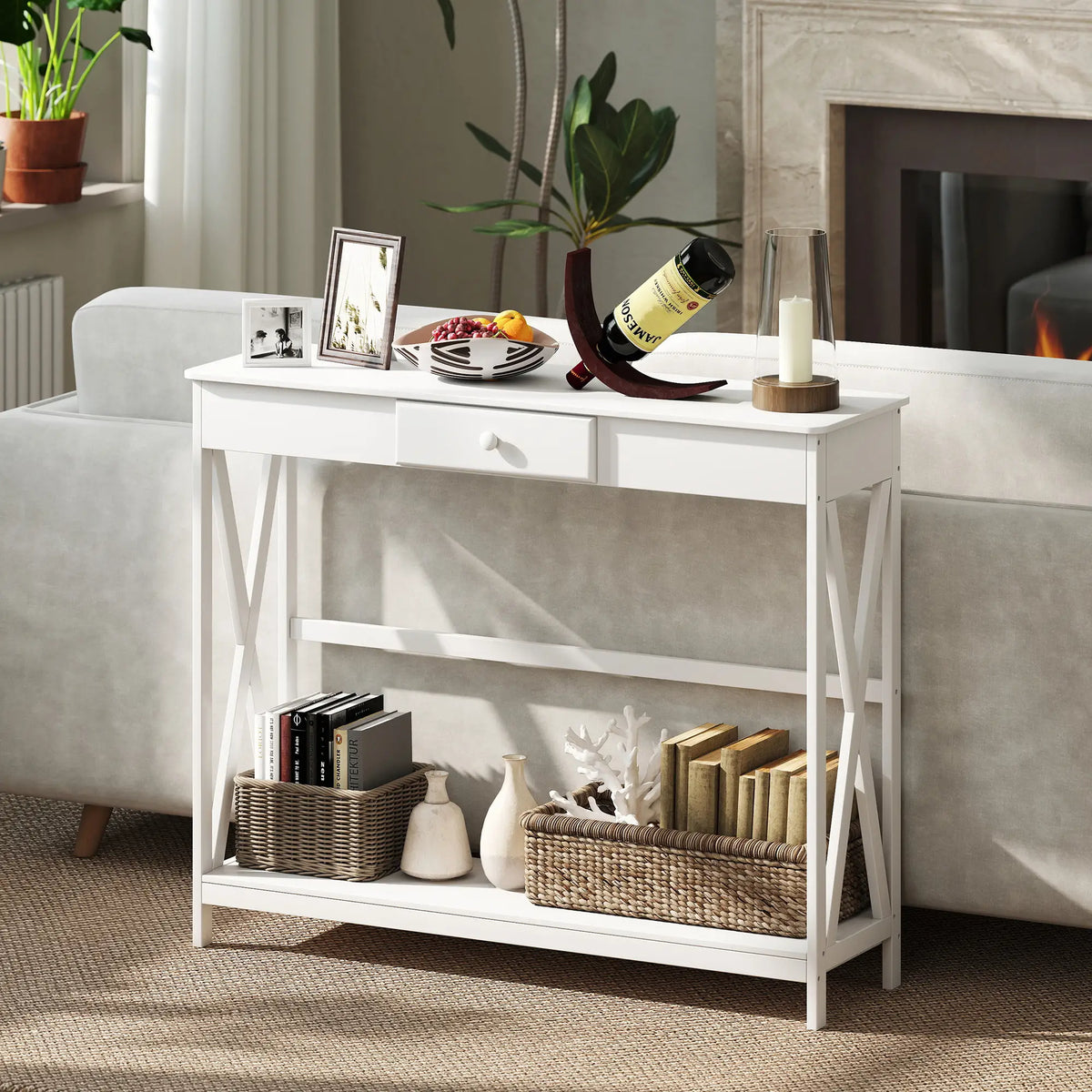 39" Console Table, 2 Tier X-Design, Narrow Entryway Table with Drawer, White Console Tables at Gallery Canada
