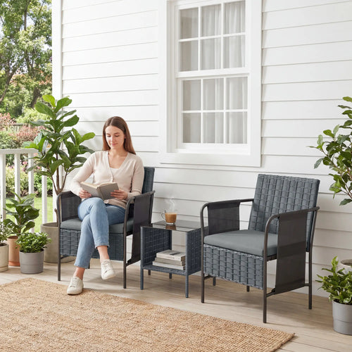 3 Piece Wicker Patio Furniture Set, Outdoor Bistro, Grey