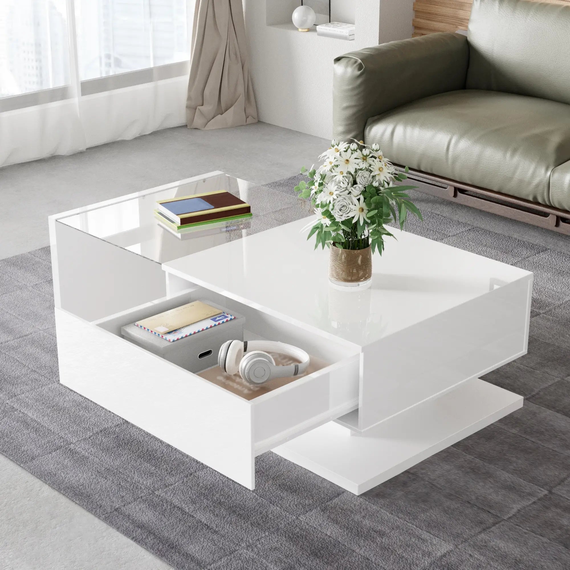 Modern Coffee Table, Glass LED Effect, Storage, 41.5